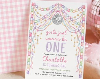 Girls Just Wanna Be One Birthday Invitation, Pastel Garland First Birthday Canva Template, FUN11