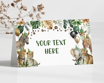 Editable Safari Place Card Party Animals Food Labels Tropical Jungle Buffet Tent Cards Template Elephant Leopard Giraffe Download SAF4