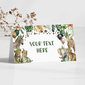 Bewerkbare Safari Plaatskaart Feestdieren Voedseletiketten Tropische Jungle Buffettent Kaarten Sjabloon Olifant Luipaard Giraffe Download SAF4