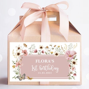 Cadeau d'anniversaire modifiable fleurs sauvages, étiquette boîte à pignon floral bohème rose blush, modèle d'étiquette de boîte cadeau bébé en fleurs à télécharger, FLO32