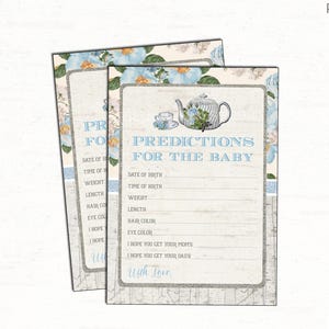 BABY PREDICTION Card. Blue Floral Predictions for Baby. Guess Baby Stats. Shabby Floral Garden Baby Shower Game. Vintage Tea Party. TEA2 image 1