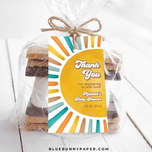 Plantilla de etiqueta de favor de sol editable Boho Aquí viene la fiesta del sol favorece el cumpleaños del baby shower del sol retro Editable Gracias Descargar SN1