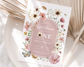 Wildflower First Birthday Invitation: Muted Blush Wild One Invite EDITABLE TEMPLATE Download, FLO32