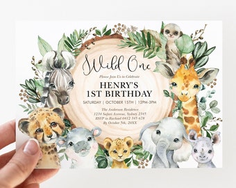 Wild One Birthday Invitation, Jungle 1st Birthday Party, Safari Animals Printable Invite, Rustic Greenery EDITABLE TEMPLATE Download, JUN13