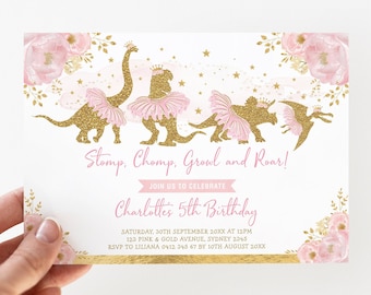 Girl Dinosaur Birthday Invitation Template, Ballerina Princess Dino Party Invite, Blush Pink Gold Floral EDITABLE Template Download, DIN4