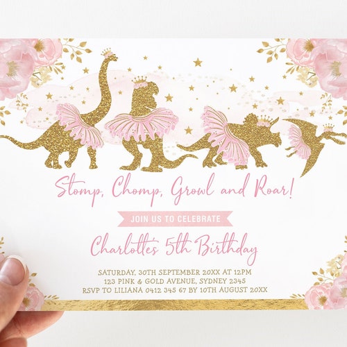 Dinosaur Princess Birthday Printable Banner Blush Pink Gold Etsy