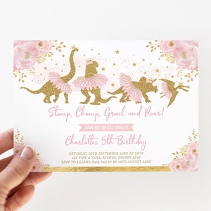 Girl Dinosaur Birthday Invitation Template, Ballerina Princess Dino Party Invite, Blush Pink Gold Floral EDITABLE Template Download, DIN4