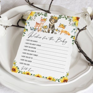 Wensen voor baby afdrukbare kaart, zonnebloem bos baby shower spel, zomer bosdieren, gele bloemen instant download, SUN7