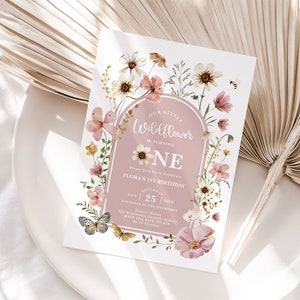 Wildflower 1st Birthday Invitation, Muted Blush Boho Floral Girls Birthday Garden Party Invite, Butterfly EDITABLE TEMPLATE Download, FLO32