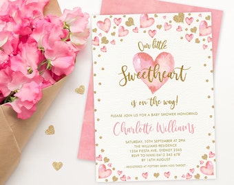 Valentines Sweetheart Baby Shower EDITABLE Invitation. Pink Gold Hearts Girl Baby Sprinkle Invite. Girly Hearts Confetti Download. VAL1