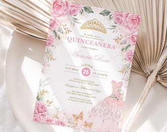 Quinceañera Invitation, Pink Floral Mis Quince Anos, Blush Pink Floral Roses 15th Birthday EDITABLE TEMPLATE, Corjl Instant Download, FLO10