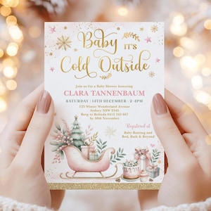 Baby It&#39;s Cold Outside, Editable Winter Baby Shower Invitation, Pink Gold  Holiday Sleigh Christmas Party Invite Template Download, WINT7