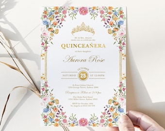 Garden Flowers Quinceanera Invitation Template Wildflower Mis Quince EDITABLE Download, FLO2