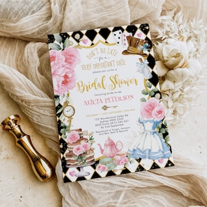 Alice in Wonderland Bridal Shower Invitation, Mad Hatter Tea Party Invite, Pink Floral Brunch & Bubbly Editable Template Download, AL3