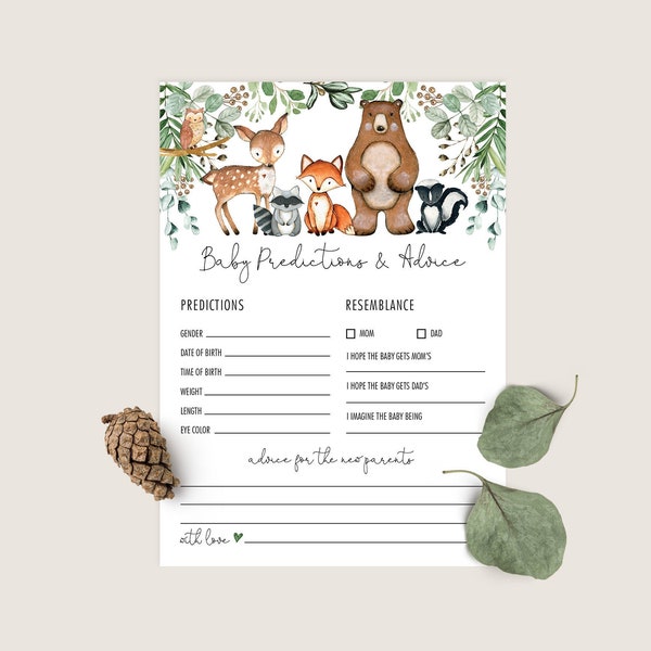 Predictions and Advice Woodland Baby Shower, Advice for Parents, Greenery Baby Shower Game, Forest Animals Printable INSTANT DOWNLOAD WOOD24