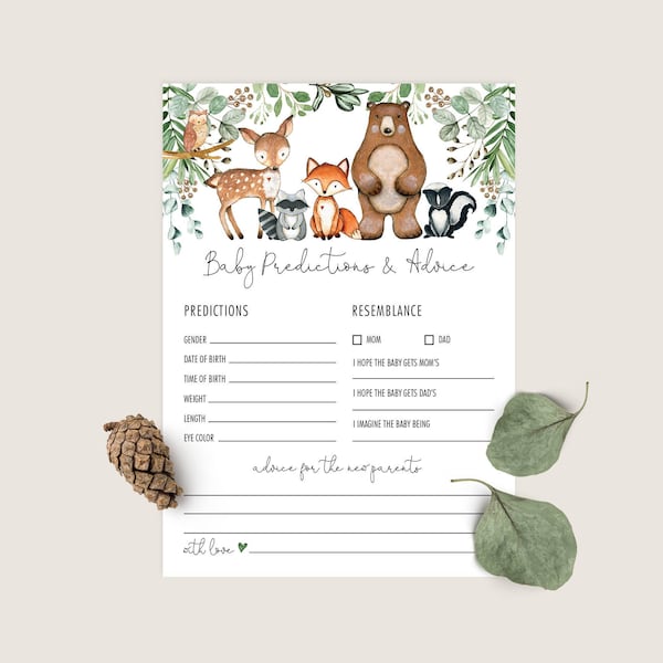 Predictions and Advice Woodland Baby Shower, Advice for Parents, Greenery Baby Shower Game, Forest Animals Printable INSTANT DOWNLOAD WOOD24
