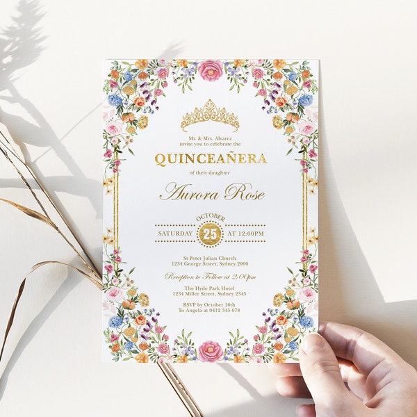 Garden Flowers Quinceanera Invitation Template Wildflower Mis Quince 15 Anos Invite Colorful Spring Floral Printable EDITABLE Download, FLO2
