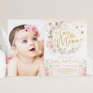 May include: Pink and gold birthday invitation with a photo of a baby girl wearing a pink flower crown. The invitation says "We're off to the moon" and "Stella's 2nd Birthday".