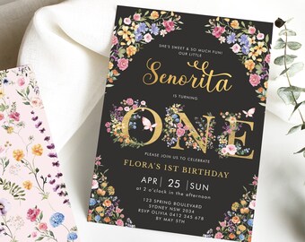 Editable Fiesta 1st Birthday Invitation Colorful Garden Flowers Party Invite Spring Wildflower Little Senorita Template Download, FLO2