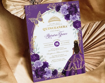 May include: A purple and gold Quinceañera invitation featuring a floral design and a butterfly. The invitation includes the text "Mc. & Ms. Alvares invite you to celebrate the Quinceañera of their daughter Aurora Grace" and the date "Saturday, 25th October at 12:00 PM".