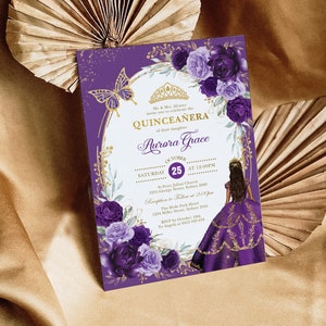 Purple Lilac Quinceañera Invitation Violet Gold Butterflies Mis Quince Anos 15th Birthday Editable Template Sweet 16 Printable Download FLO9