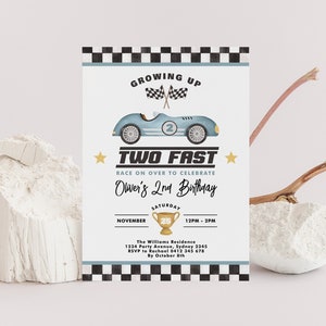 Editable TWO FAST Birthday Invitation Race Car 2nd Birthday Invite Vintage Racing Car Printable Dusty Blue Template Instant Download RC1