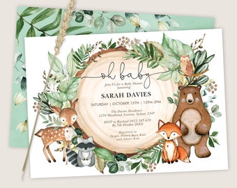 Plantilla de invitación para baby shower con temática de bosque, descarga digital con animales del bosque y vegetación unisex, WOOD24