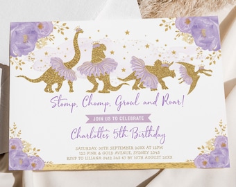 Girl Dinosaur Birthday Invitation Template Ballerina Princess Dino Party Invite Blush Purple Gold Floral EDITABLE Template Download DIN4