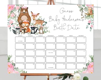 May include: A white baby shower sign on an easel with the text "Guess Baby Anderson's Birth Date." The sign features watercolor illustrations of woodland animals and pink floral accents. The calendar grid is for guests to guess the baby's due date.