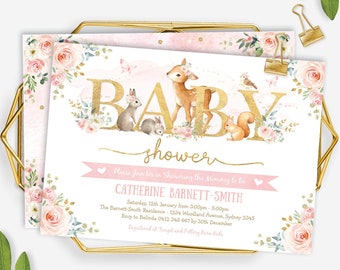 Girl Woodland Baby Shower Invitation. Blush Pink Gold Floral Forest Animals EDITABLE TEMPLATE. Watercolor Flower Printable Download. WOOD16