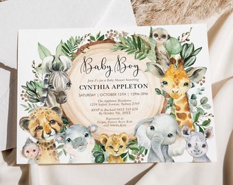 Jungle Baby Shower Invitation, Safari Coed Baby Shower, Wild Animals Invite, Rustic Greenery EDITABLE TEMPLATE Instant Download, JUN13