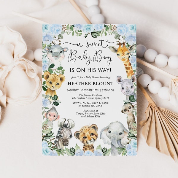 Boy Safari Baby Shower Invitation, Wild Jungle Animals Blue Floral Invite, Rustic Greenery Printable Download, EDITABLE TEMPLATE, JUN19