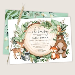 Gender Neutral Greenery Woodland Baby Shower Invitation Template. EDITABLE Forest Animals Printable Invite. Instant Download. WOOD24