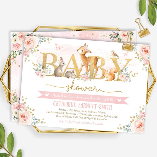 Girl Woodland Baby Shower Invitation. Blush Pink Gold Floral Forest Animals EDITABLE TEMPLATE. Watercolor Flower Printable Download. WOOD16