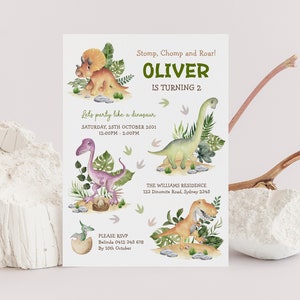 Dinosaur Birthday Invite Editable Dino Theme Invitation Template Cute Kids Party Boy Birthday Printable Digital Corjl Instant Download DIN3