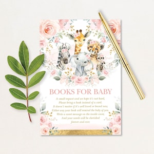 Mädchen Dschungel Baby-Dusche-Bücher für Baby-Karte, rosa Blumen Safari bringen ein Bucheinsatz, wilde Tiere druckbare INSTANT DOWNLOAD, SAF8