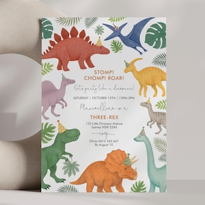 May include: A party invitation featuring watercolor illustrations of various dinosaurs wearing party hats. The invitation includes the text "STOMP! CHOMP! ROAR!" and event details such as the date, time, and location for a "THREE-REX" party.