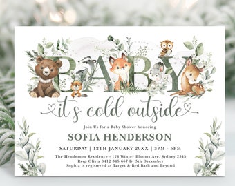 Op de afbeelding: Een babyborrel uitnodiging met een bos thema. De uitnodiging heeft een aquarel illustratie van een vos, beer, uil en hert met het woord "BABY" in grote letters. De tekst "het is koud buiten" is geschreven in cursief schrift. De uitnodiging bevat ook de tekst "Doe mee met ons voor een babyborrel ter ere van SOFIA HENDERSON" en details over het evenement.