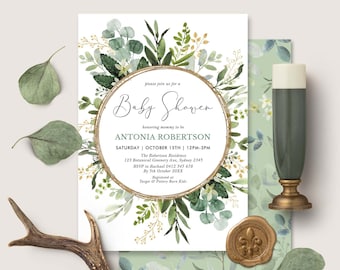 EDITABLE Greenery Baby Shower Invitation. Green Gold Watercolor Botanical Gender Neutral Printable Invite Template. Instant Download. GR3