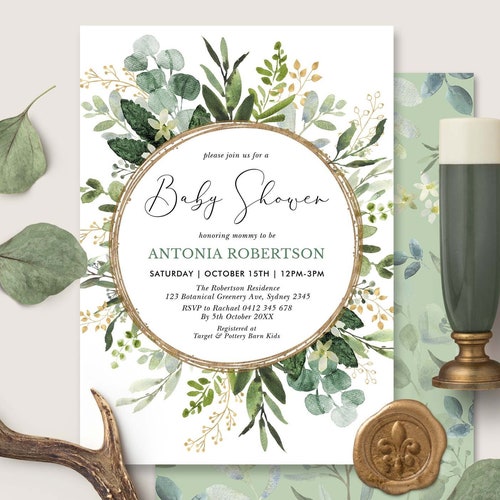 EDITABLE Greenery Baby Shower Invitation. Green Gold Etsy