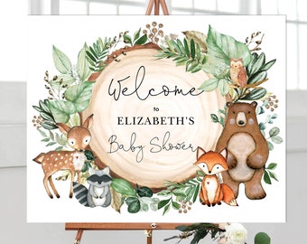 EDITABLE Greenery Woodland Baby Shower Welcome Sign. Rustic Forest Animals Printable Decoration. Botanical Greenery Forest. WOOD24