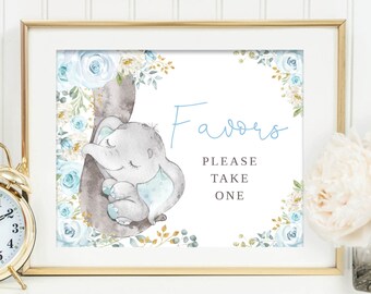Boy Elephant Baby Shower Favors Sign, Blue Floral Elephant 1st Birthday Party, Watercolor Roses Little Peanut Printable Instant Download EL8