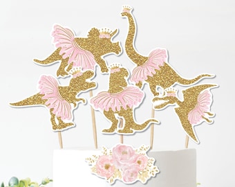 Princess Dinosaur Cake Toppers Ballerina T-Rex Tutu Tiara Birthday Table Decor Centerpiece Pink Gold Floral Baby Shower Favors Download DIN4