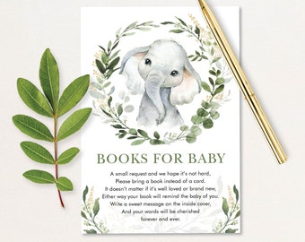 Gender Neutral Bring a Book Card Download GR5 Jungle Animal Printable Greenery Elephant Books for Baby Card Eucalyptus Wreath Baby Shower