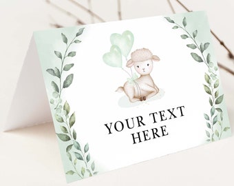 Greenery Lamb Food Tent Labels, Baby Sheep Place Cards, Eucalyptus Baby Shower, Farm Animal Birthday Decorations, EDITABLE TEMPLATE, GR7