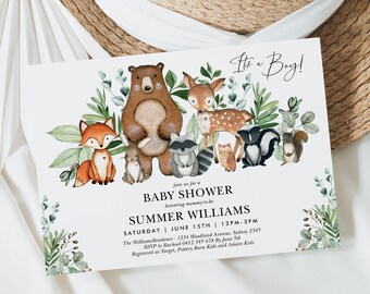 May include: A baby shower invitation with a woodland theme. The invitation features a watercolor illustration of a bear, deer, fox, raccoon, owl, skunk, and squirrel. The text on the invitation reads "It's a Boy!" and includes the details for the baby shower, including the date, time, and location. The invitation is decorated with green leaves and branches.