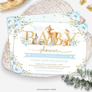 EDITIERBARE Woodland Boy Baby Shower Einladung. Blau Gold Aquarell Blume Rose druckbare Invite. Waldtiere Sofort Download. HOLZ16
