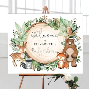 EDITABLE Greenery Woodland Baby Shower Welcome Sign. Rustic Forest Animals Printable Decoration. Botanical Greenery Forest. WOOD24