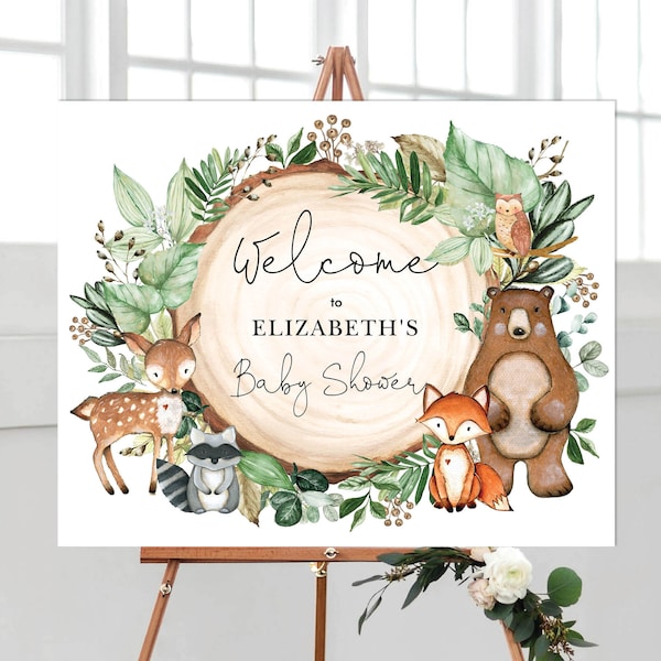 EDITABLE Greenery Woodland Baby Shower Welcome Sign. Rustic Forest Animals Printable Decoration. Botanical Greenery Forest. WOOD24