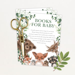 Animali del bosco Baby Shower Libri per Baby Card, Verde foresta Porta un libro stampabile, Genere neutro DOWNLOAD immediato, WOOD28
